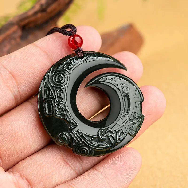 Jia Le/ Hand-carved/ Natural Hetian Cyan Jade Reverse Good Luck Necklace Pendant Men and Women Faith Fashion Couple Amulet Gift