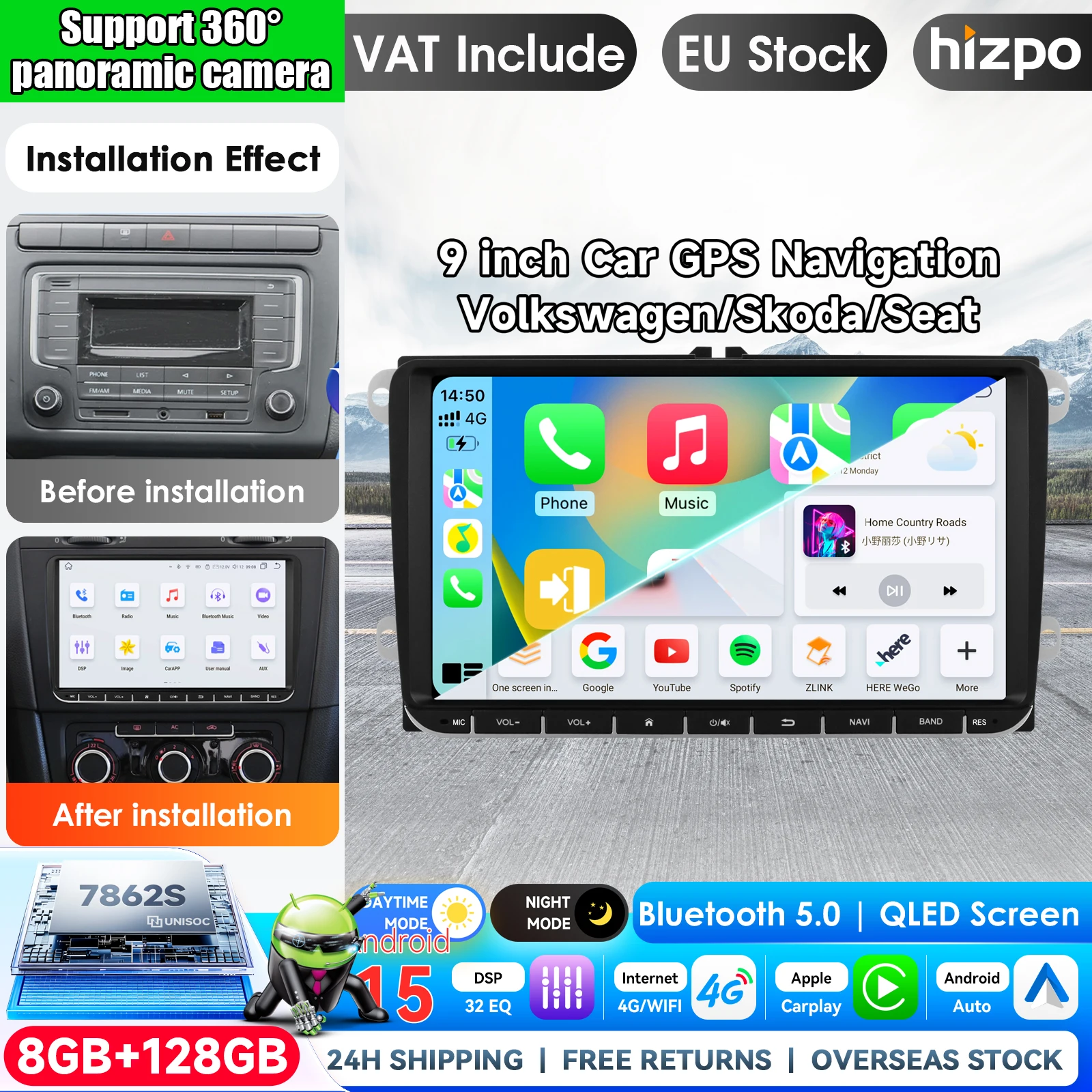 Hizpo 9-Zoll Kabelloses CarPlay Android Auto Autoradio für VW T5 Jetta Passat B6 Golf MK6 Tiguan Touran Scirocco Skoda Rapid Octavia Leon Multimedia Kabelloses Apple CarPlay Smart Intelligent Systems
