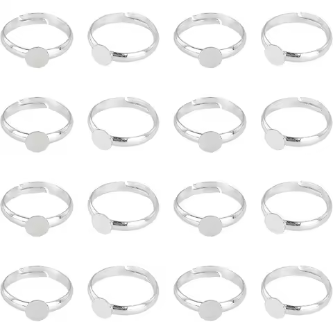40pcs Adjustable Blank Rings Silver Rings Brass Finger Ring Settings Components with 6mm Round Pad for Jewelry Ring Making