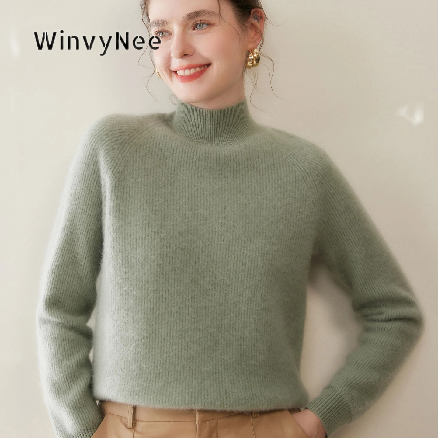 WinvyNee Women Fashion Wool Cashmere Pullover Solid Color Mock Neck Knit Tops  Lightweight Cozy Autumn Winter Daily A1054049