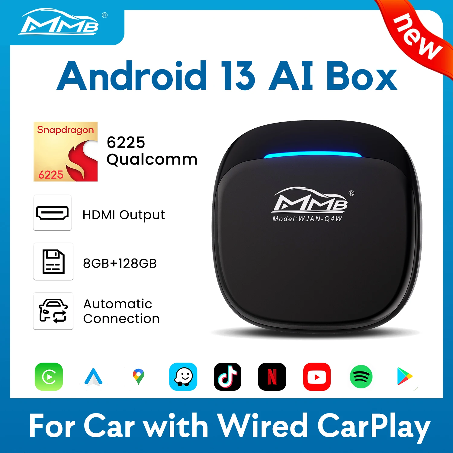 MMB Max 5.0 Wireless CarPlay Android Auto Adapter QCM6225 8-Cores 8G+ 128GB TF Card 256GB GPS Navigation Split-Screen WiFi BT5.2