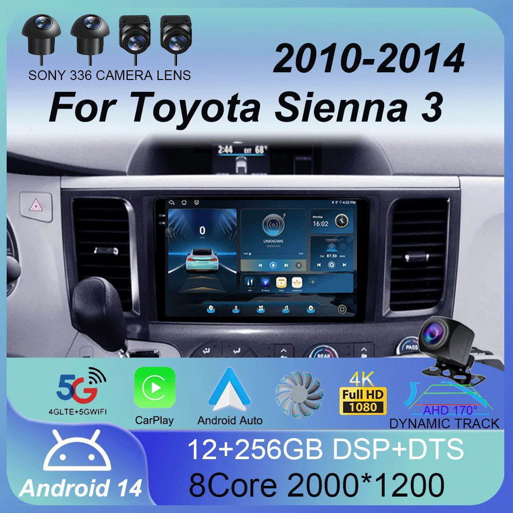 Android 14 Carplay Auto 2K Screen Multimedia Video Player For Toyota Sienna 3 XL30 2010 - 2014 2 din Car Radio Autoradio Stereo