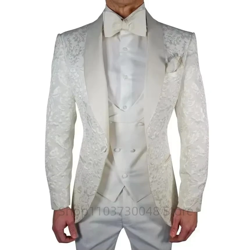 High Quality Men Wedding Jacquard Suits Fashion Male Business Social Dance Party Dress Shawl Lapel Blazers Pants with Vest