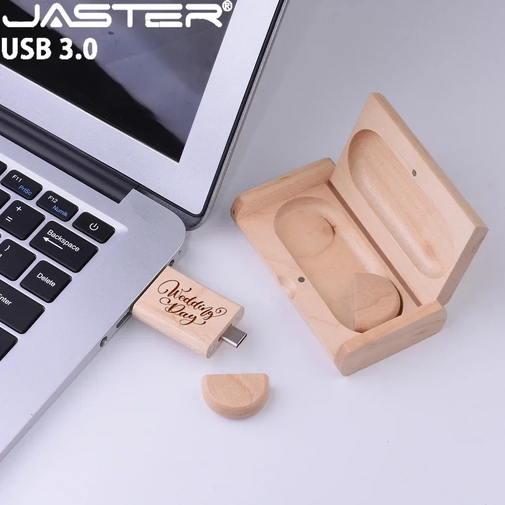 JASTER TYPE-C USB 3.0 플래시 드라이브, 무료 사용자 정의 로고 펜 드라이브, 나무 상자 메모리 스틱, 32GB 고속 U 디스크, 2 in 1, 128GB, 64GB