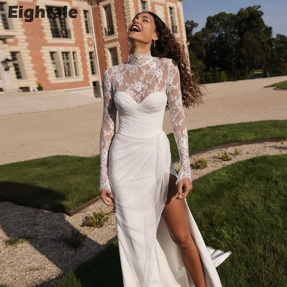 Eightale Boho Wedding Dress Customized High Neck Long Sleeves Lace Appliques Mermaid White Ivory Bridal Gown Vestido De Noiva