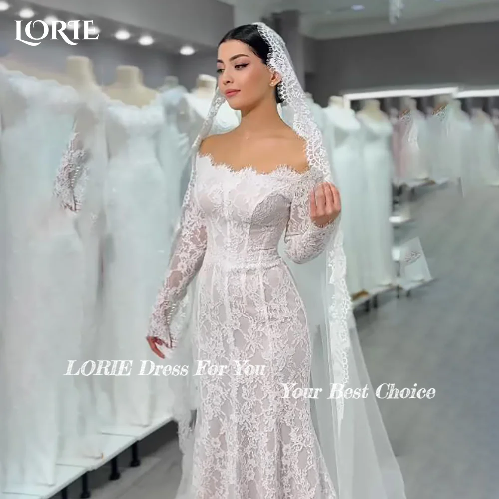 

LORIE Flared Sleeve A-Line Wedding Dress High Neck Lace Appliques Bridal Gown Customized Backless Bride DressSaudi Dress Dubai