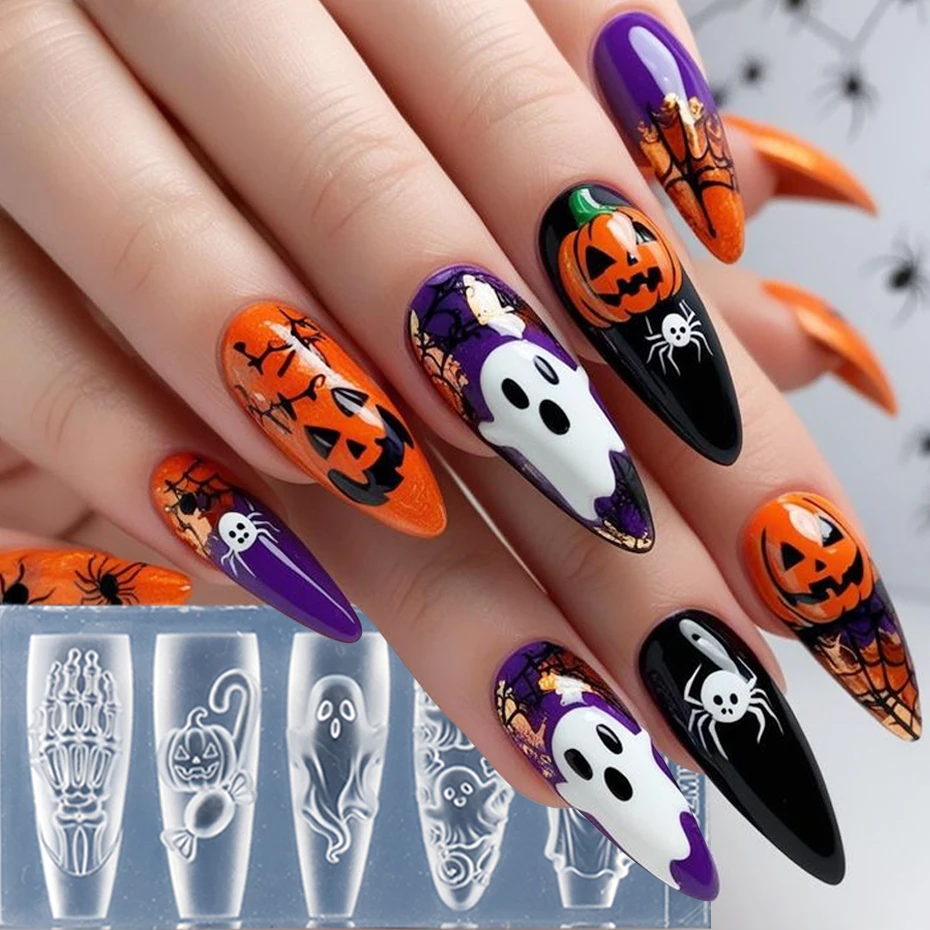 1 Stück Cartoon Kawaii Geister-Nagelstempel Horror Kürbis Spinnennetz Skelett Hand Nagelschablonen Y2K Halloween Maniküre-Werkzeuge – Detail 4