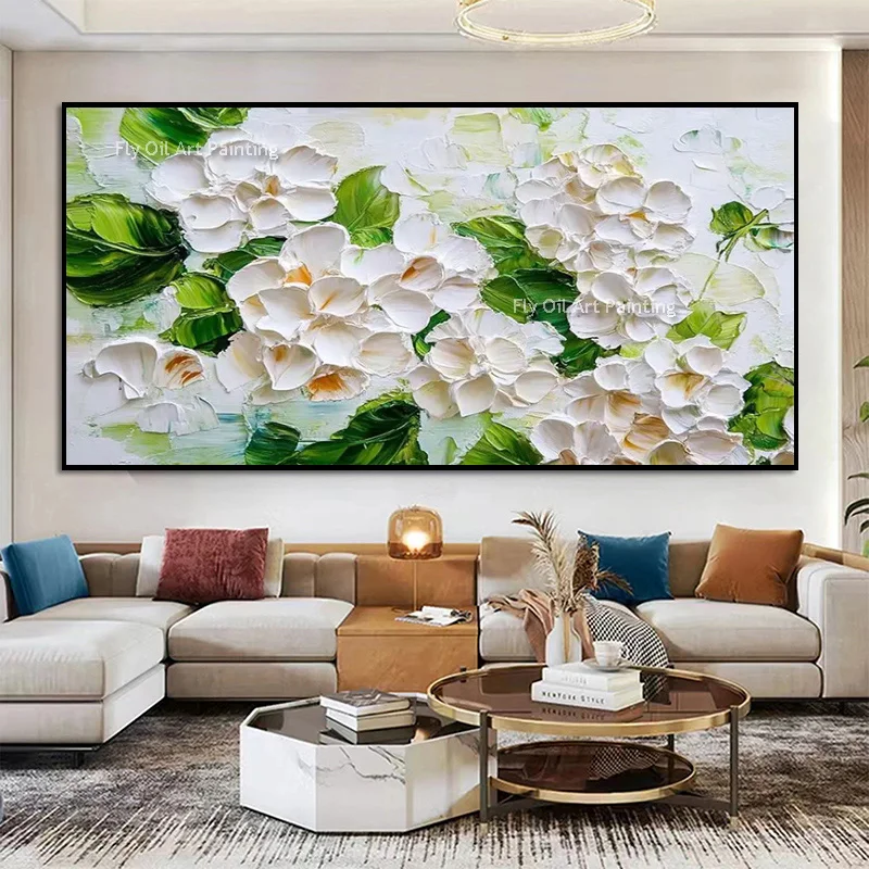 Hand Painted Impasto White Hydrangea Oil Painting, Thick Palette Knife Textured Canvas Wall Art, Modern Floral Living Room Decor