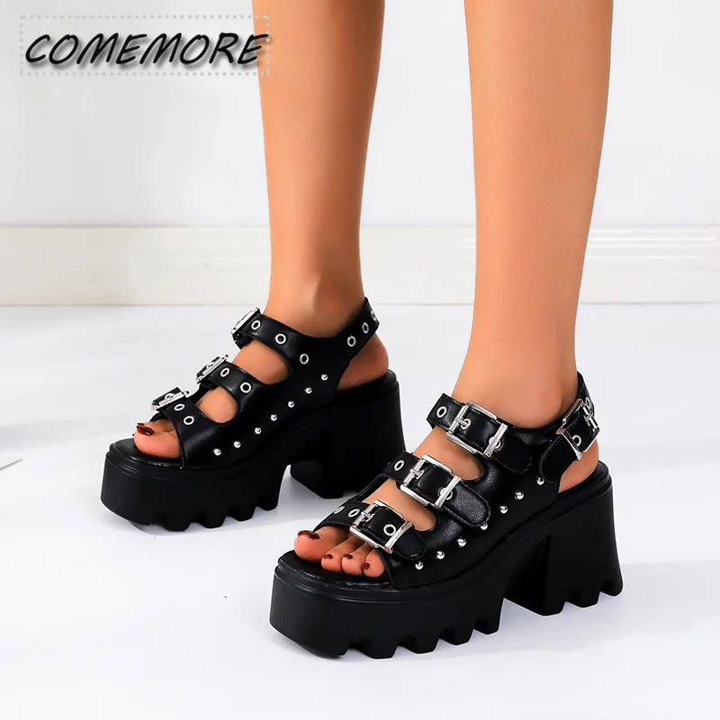 Women\'s Sandals with Heel Summer Punk Height Increasing Sandal Motorcycle Gothic Woman Shoes Leather Black Platform Gladiator PU