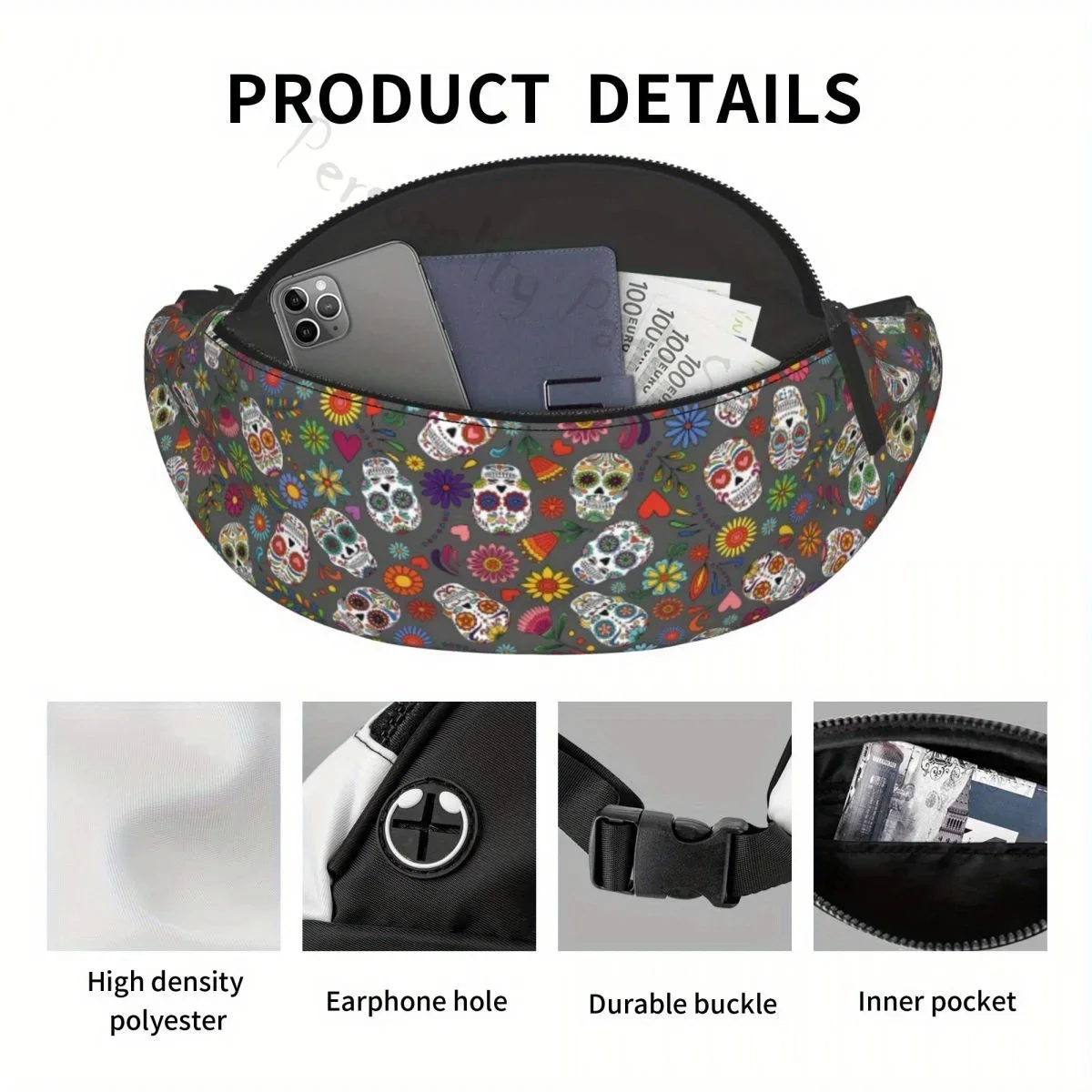 Day of The Dead Sugar Skull marsupio Fashion marsupio Casual Crossbody Chest Bags Hip Bum Bag Travel Sport Purse Pocket