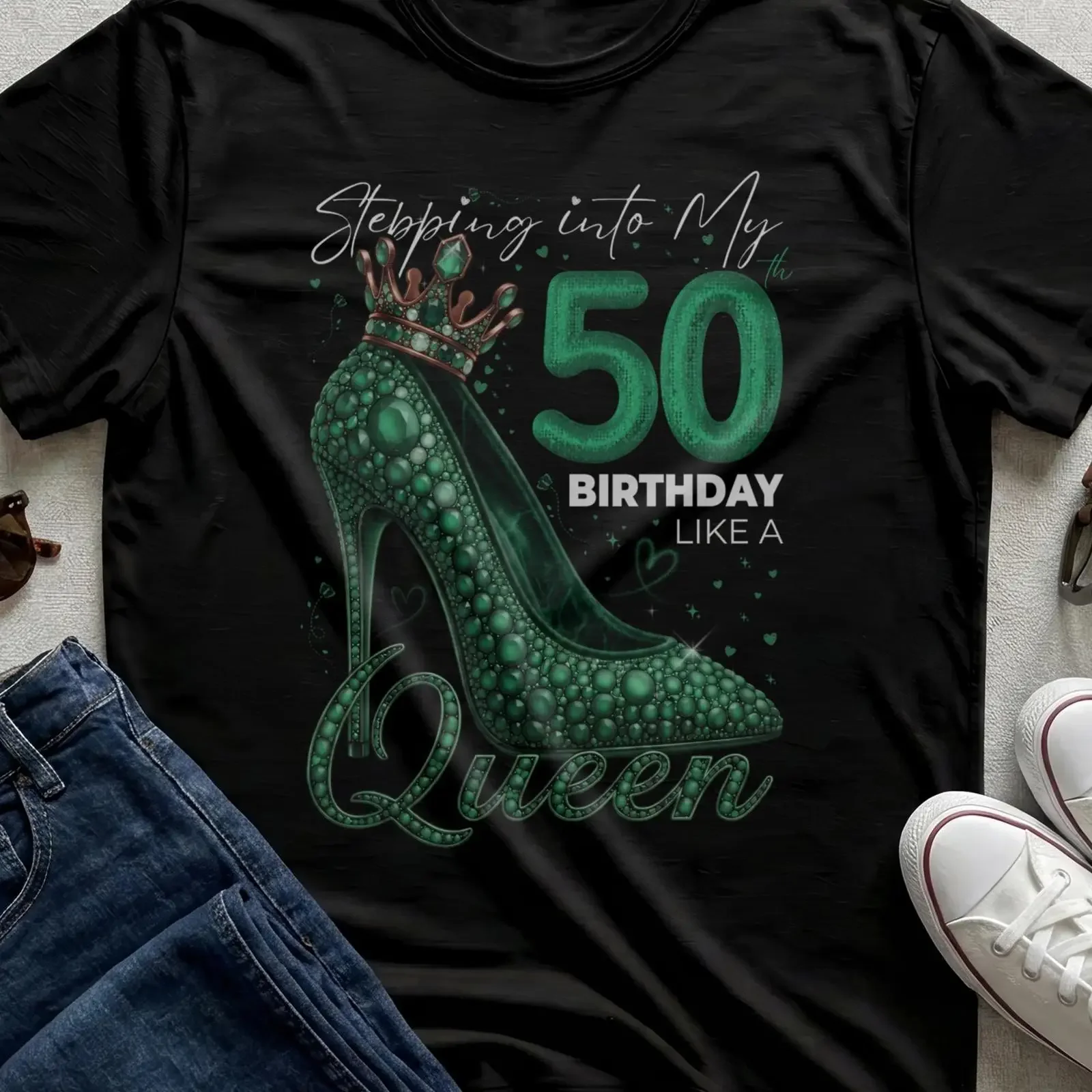 Women's 50th Birthday Queen Stiletto High Heel T Shirt Milestone Celebration  vintage Washed Top For Everyday Wear homme