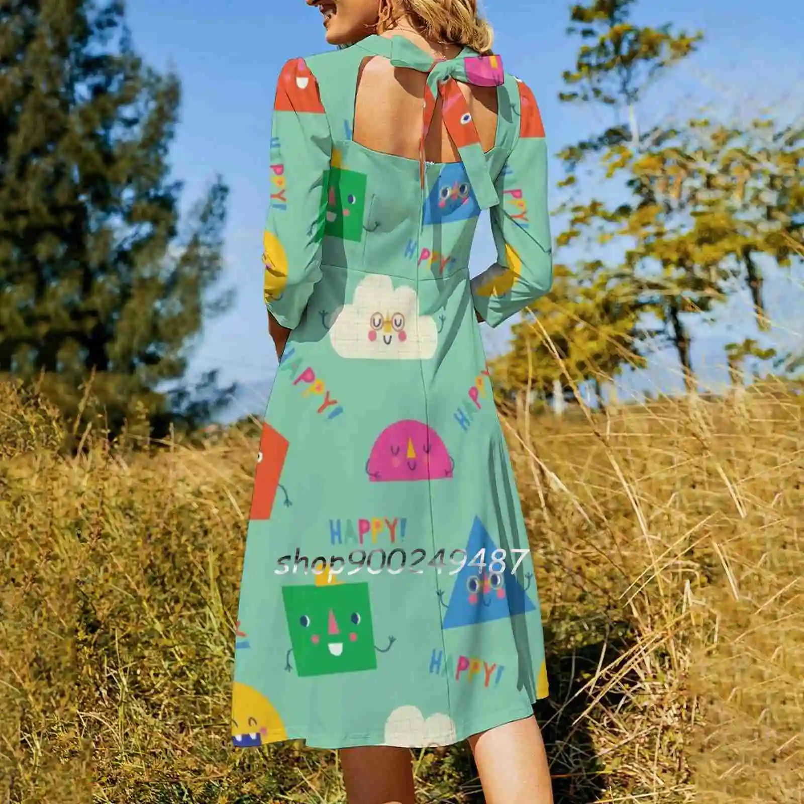 Happy! Flare Dress Square Neck Dress Elegant Female Fashion Printed Dress Happy Fun Bright Colourul Colorful Kids Childrens