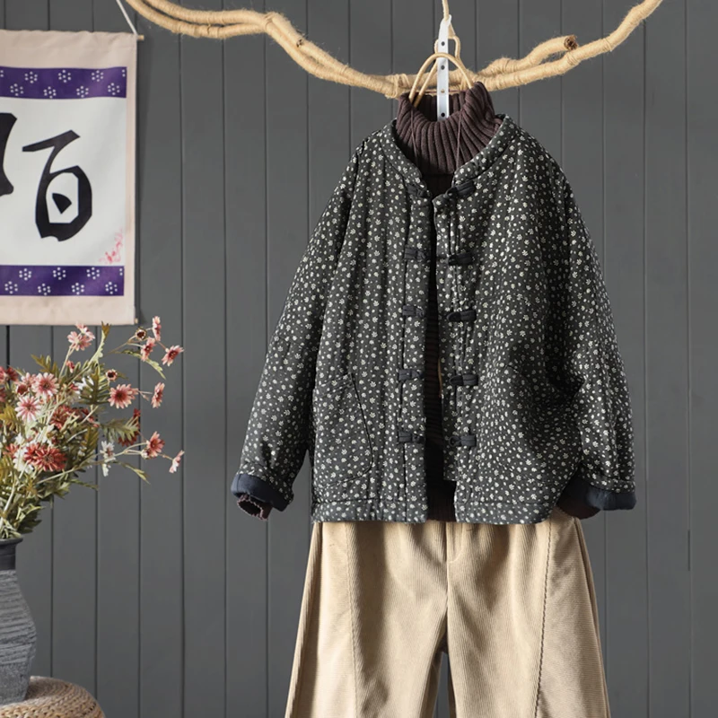 女性用 2025年秋冬 ヴィンテージ風 花柄プリント 厚手パッド入りジャケット 高品質コットンキルティングコート