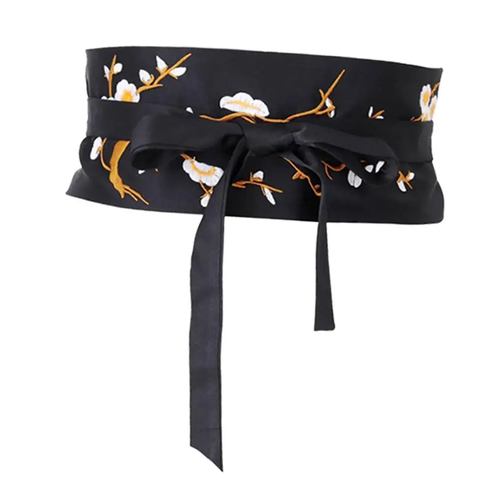 Women Wide Waistband Silk Embroidered Corset Floral Obi Belt Fashion Waist Sash for Skirt Dress Event