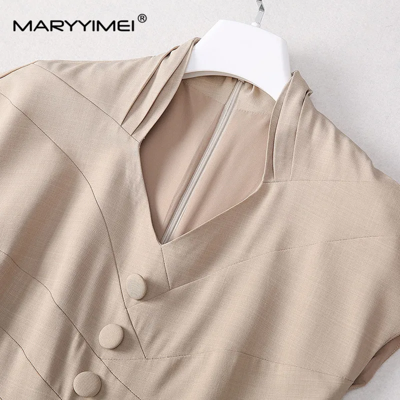 MARYYIMEI Summer New Style Women's Dress V-Neck Raglan Sleeve High waist Button Solid Color Commuter Dresses image 3