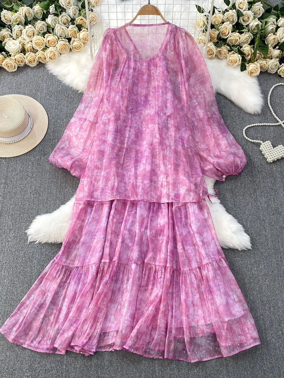 

Розовый цветочный принт, защита от солнца, тонкий шифоновый длинный комплект Sve irt, уменьшающий возраст, с блестками, на бретельках Dr Gentlewoman Sle