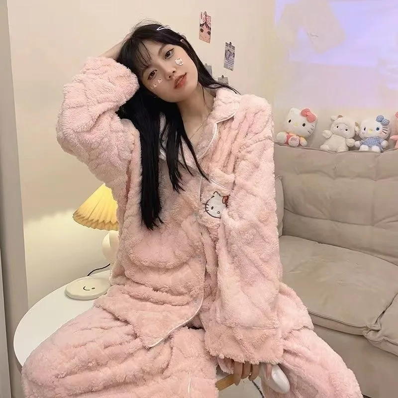 Kawaii Hello Kitty Winter Coral Fleece Long Sleeve Pajamas Women\'s Lapel Cartoon Thickened Sweet Anime Printed Home Clothes Set