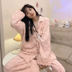 Kawaii Hello Kitty Winter Coral Fleece Long Sleeve Pajamas Women's Lapel Cartoon Thickened Sweet Anime Printed Home Clothes Set