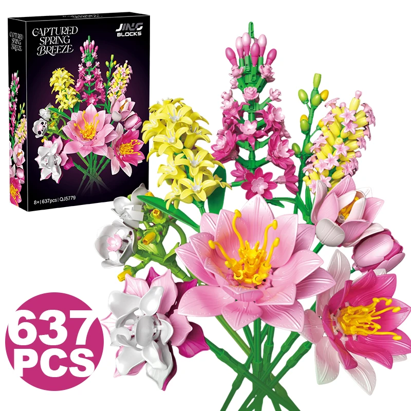 

Creative Pretty Pink Bouquet Building Blocks Lily Tulip Flower Home Desk Plant Decoration Assemble Brick Toy Gift For Girl Adult