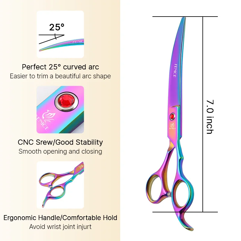 Fenice New design 7.0 inch down curved blade 25 degree pet grooming curved scissors