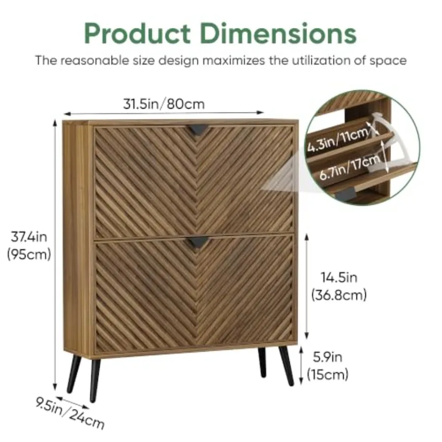 Entrance shoe cabinet with diamond parquetry, walnut finish, black handles, slim design for narrow entryway storage