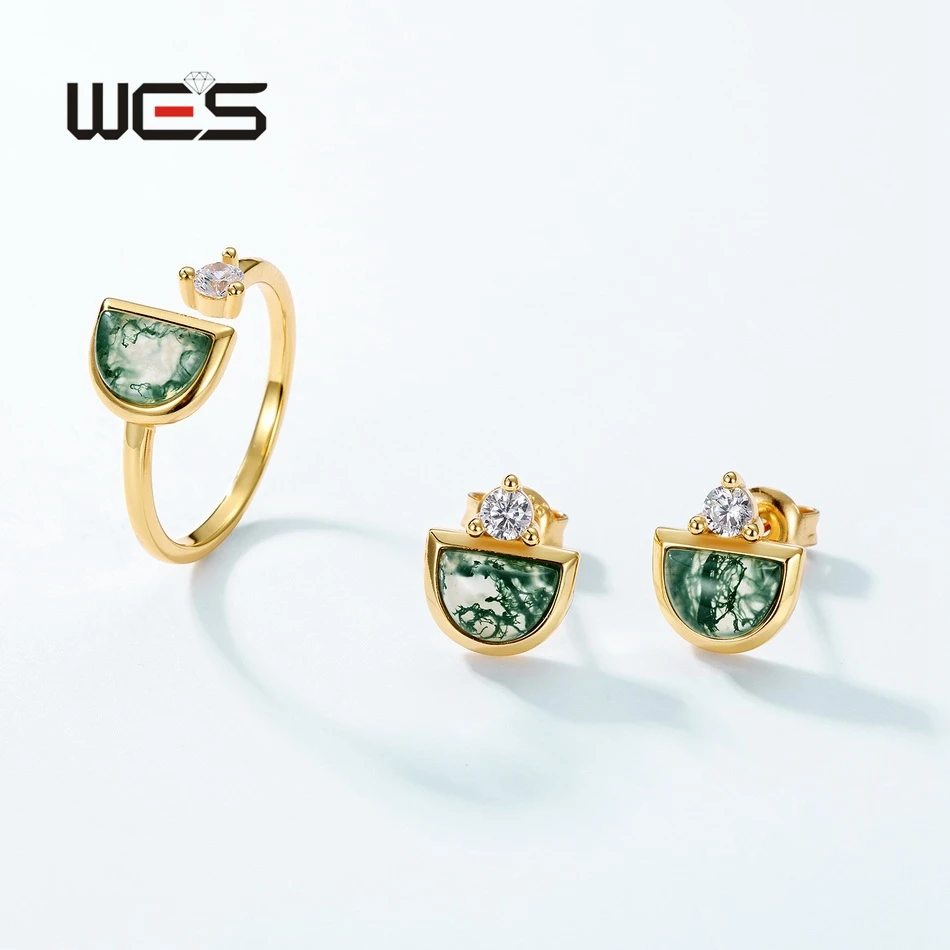 WES 925 Sterling Silver Natural 5*7mm Moss Agate Gemstone Jewelry Set for Woman Crystal Gold Plated Fine Jewelry Wedding Gifts