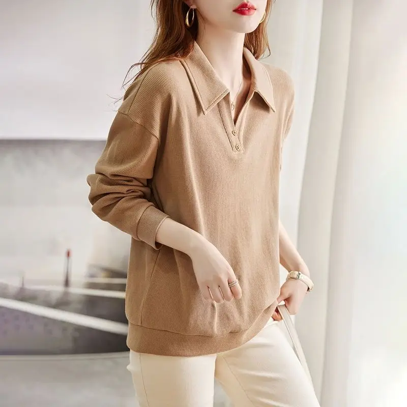 Cotton Lapel Loose Long Sleeved Sweatshirt Women New Spring Autumn Polo Collar Design Niche European Station Women's Clothing