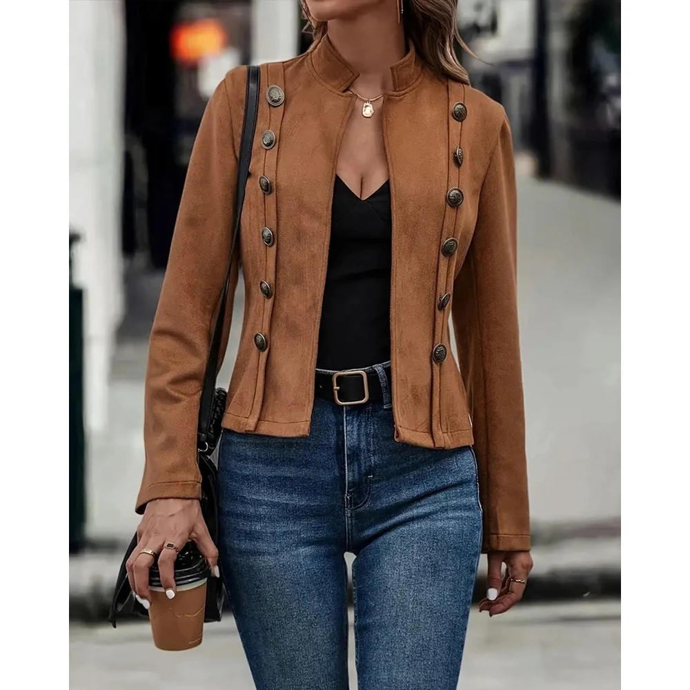 

Women Stand Collar Open Front Button Decor Jackets Autumn Skinny Long Sleeve Coat Outfits