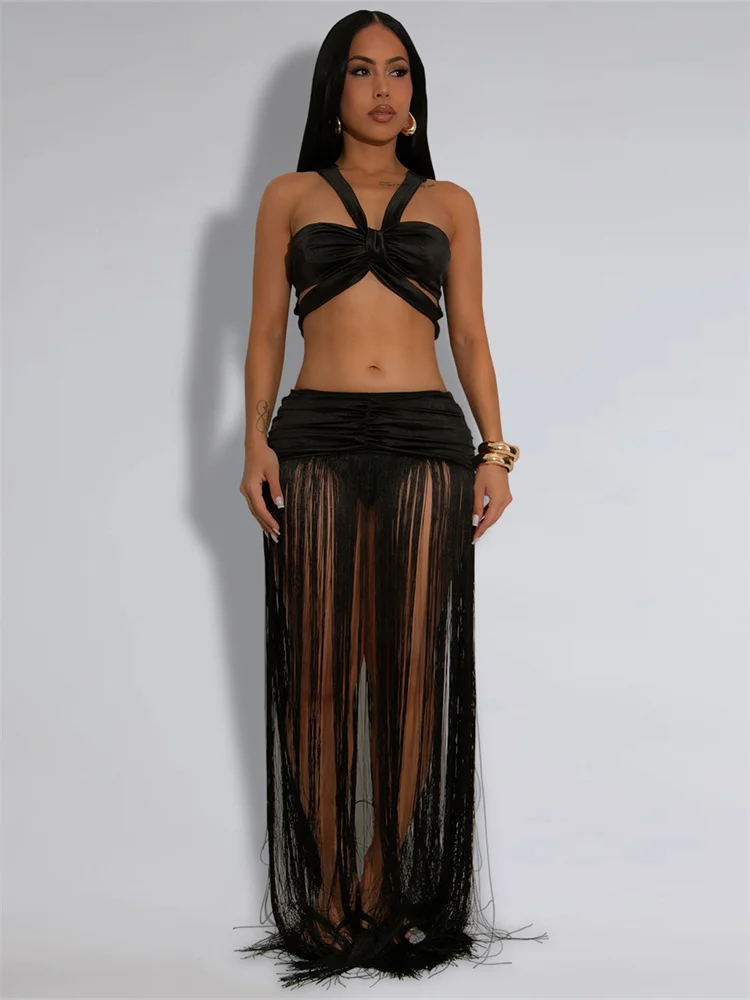 Conjunto de 2 piezas de moda Sexy de gato extraño para mujer, camisetas sin mangas irregulares con espalda descubierta y vendaje cruzado + faldas largas de retales con borlas, conjunto de estilo salvaje
