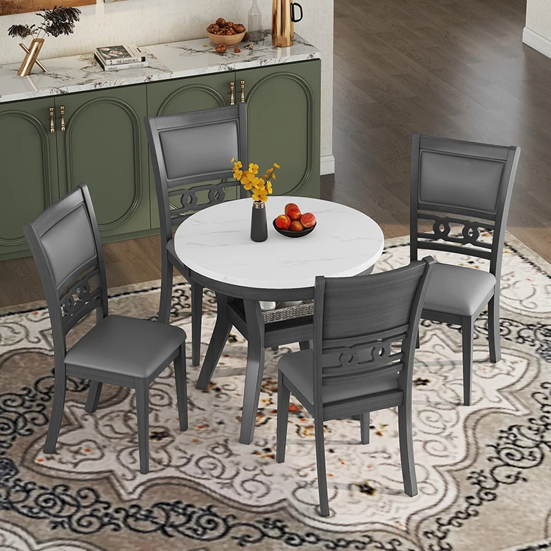 5-Piece Round Dining Table, UFour PU-leather Chairs, One Faux Marble Top Dining Table, Dinings Table Set for Family Dinings Area