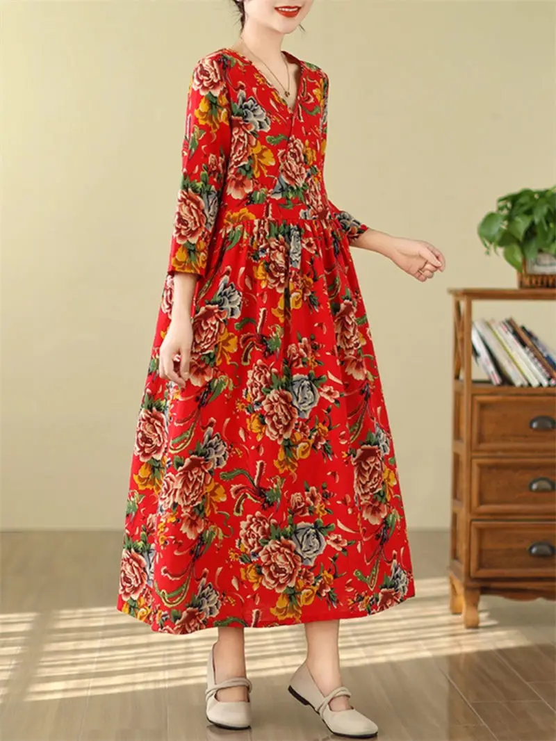 

2024 Autumn New V-Neck Seven Quarter Sleeve Cotton And Linen Printed Dress Loose Large Swing Retro Long Dress For Women k2497