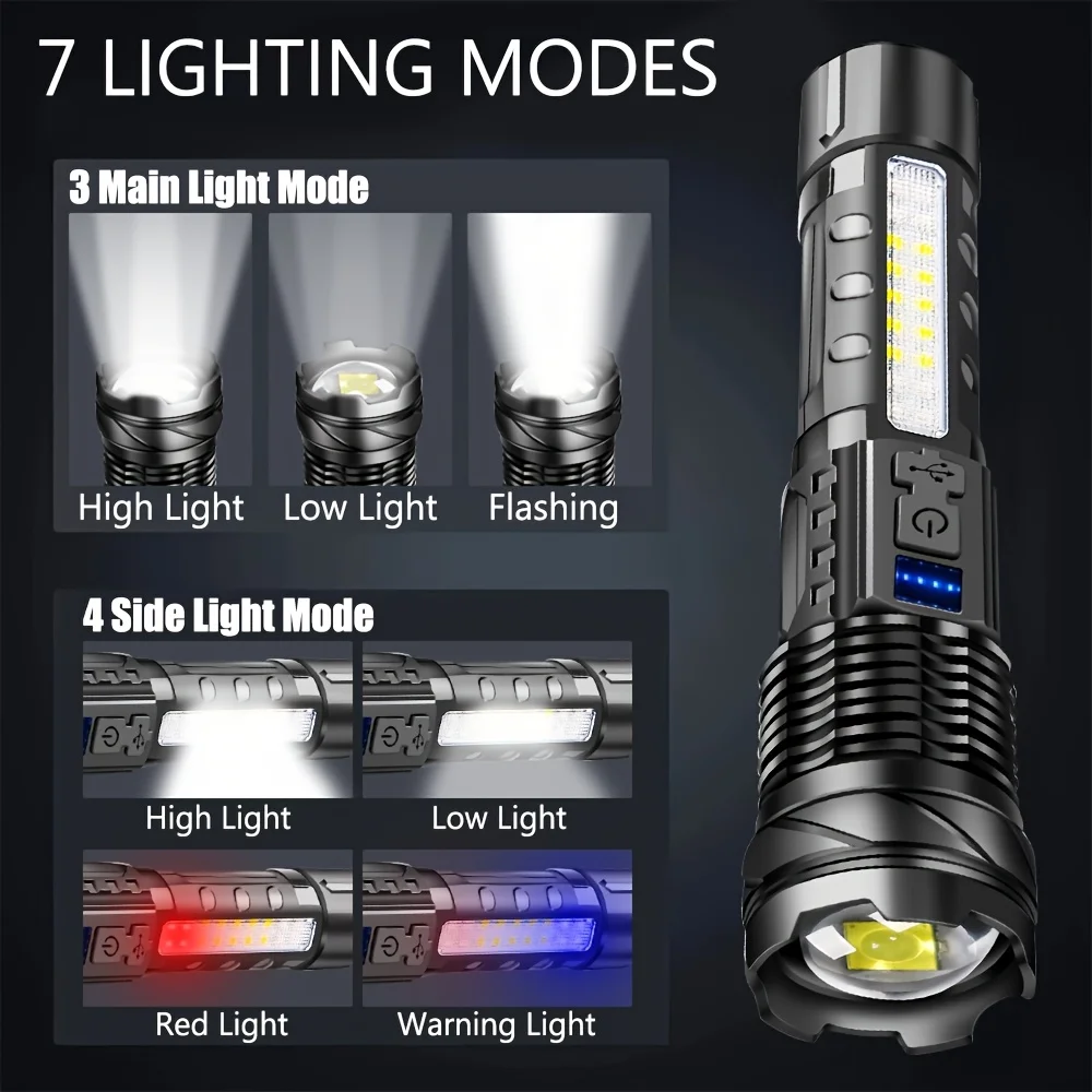 Rechargeable LED Flashlight Zoomable Torch with LED Display 7 Modes Waterproof High Power Hand Light Outdoor Wilderness Camping