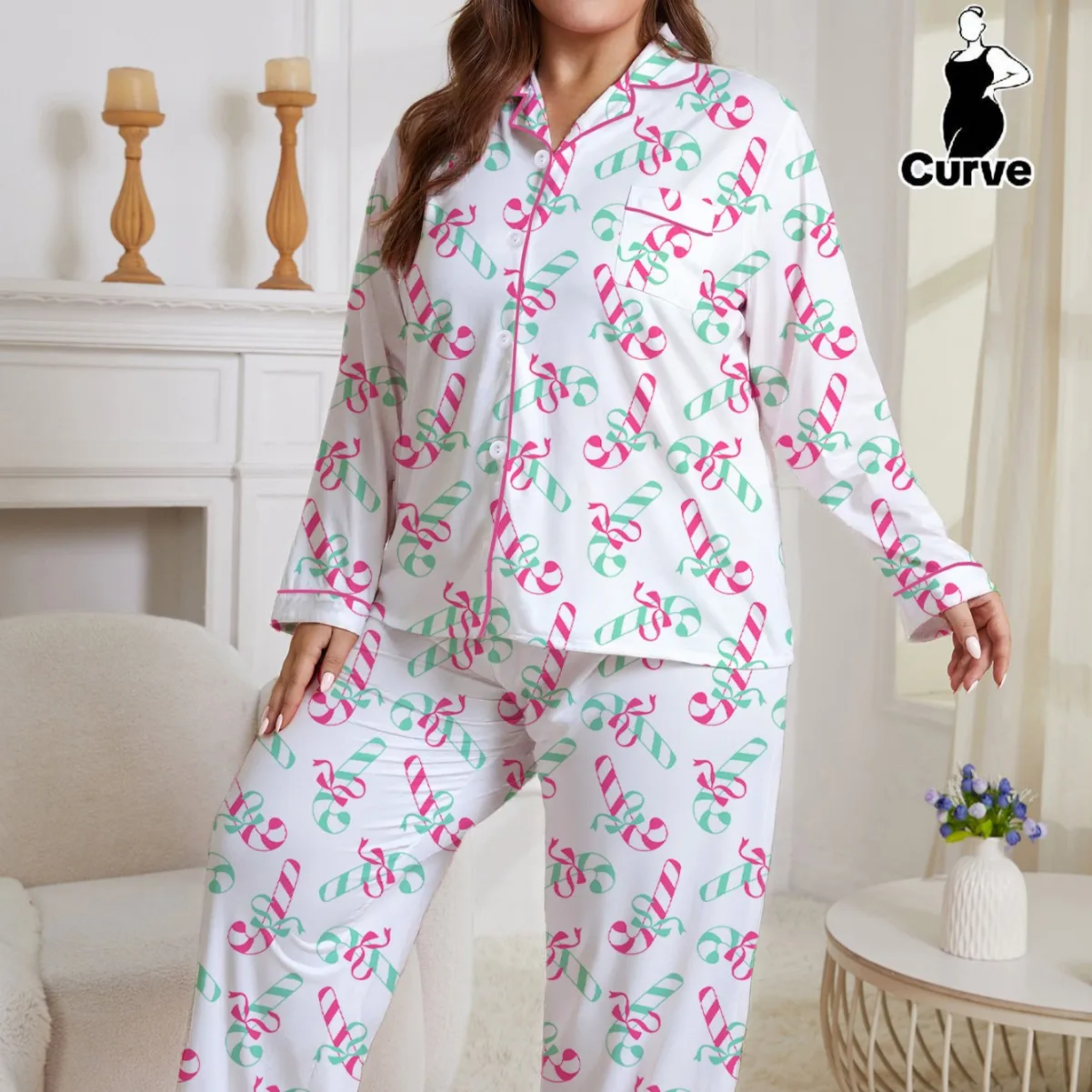 Pajama Set Plus Size Loose Fit Long Sleeve Lapel Collar Printed Top With Pants Soft Breathable Homewear Comfortable