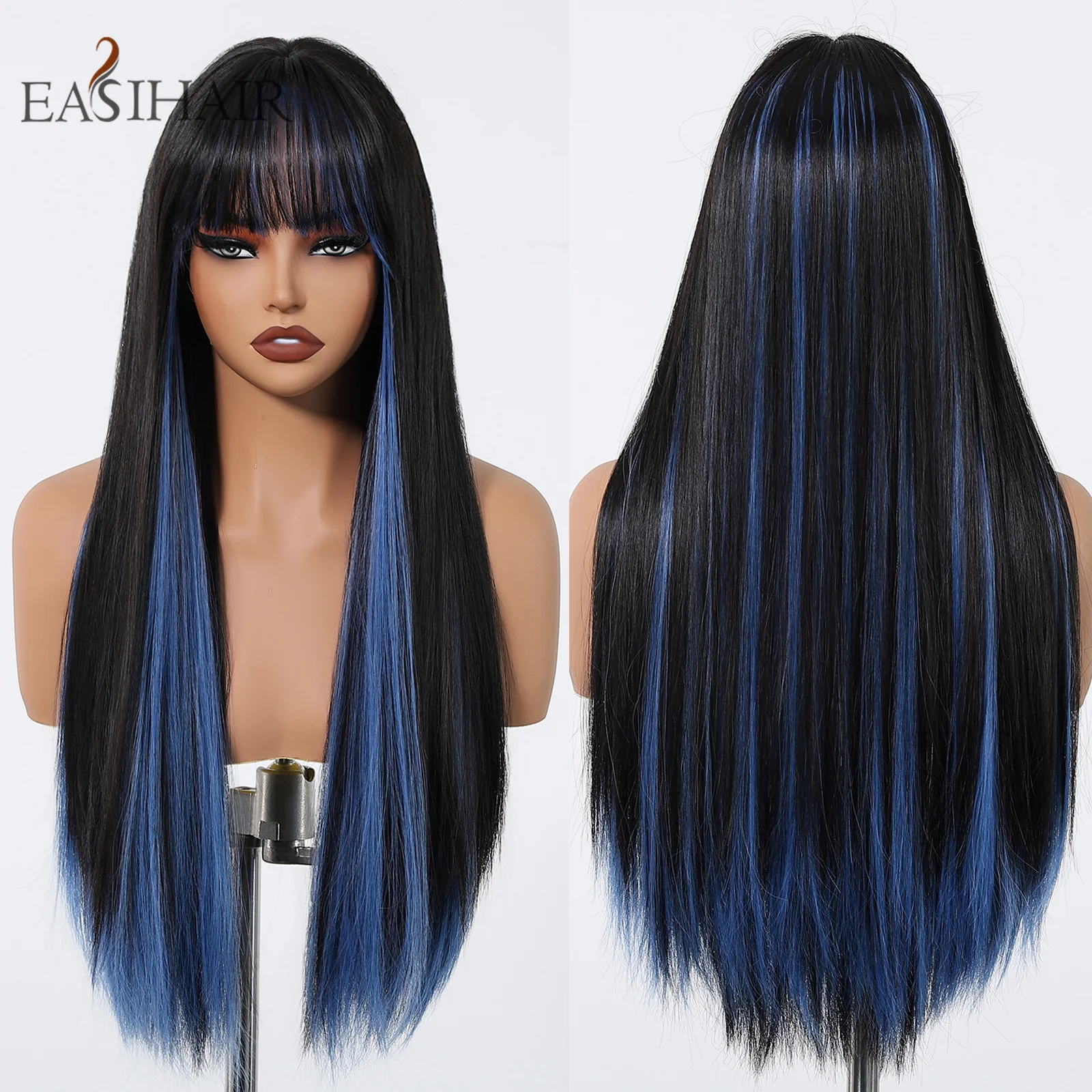 

Long Straight Black Brown Mixed Blue Synthetic Wigs with Bangs for Women Natural Hair Cosplay Halloween Party Wig Heat Resistant