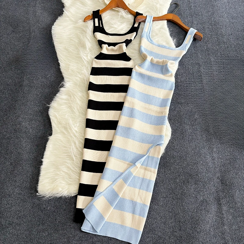 

2024 Stripe Summer Elastic Split Bodycon Dress Sexy Beach Vacation Sundress Women Casual Slim Pencil Vestidos Maxi Long Dress