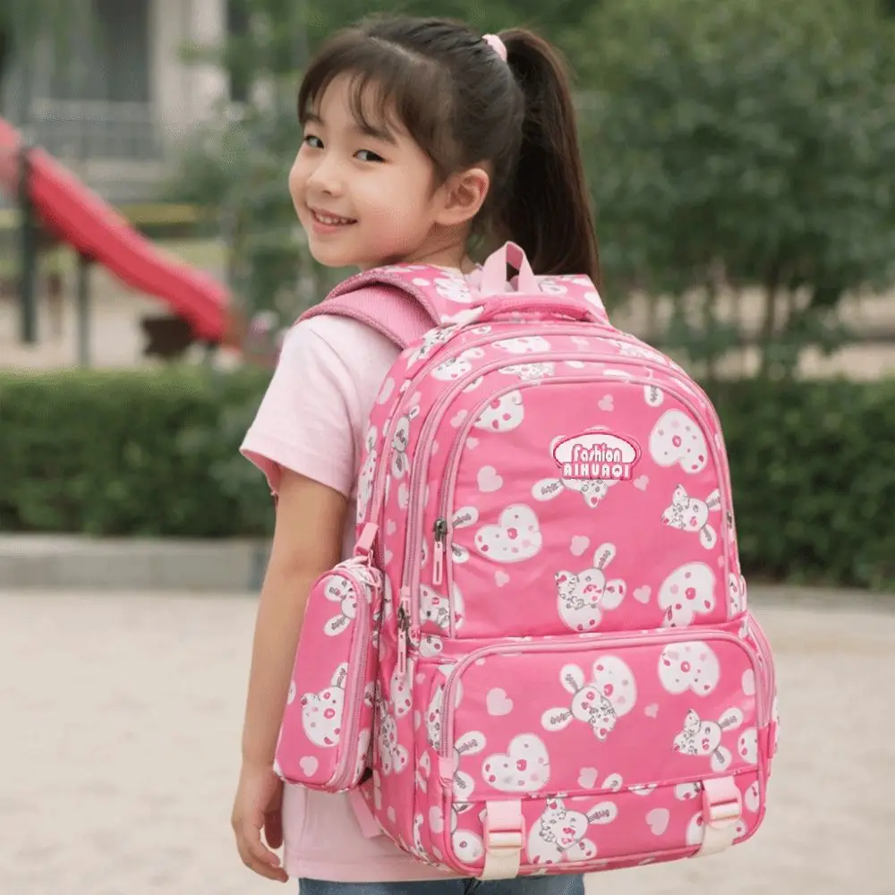 Rabbit Cartoon Shoulders Bag Oxford Cloth with Pencil Case Student Schoolbag Love Heart Adjustable Large Capacity Backpack