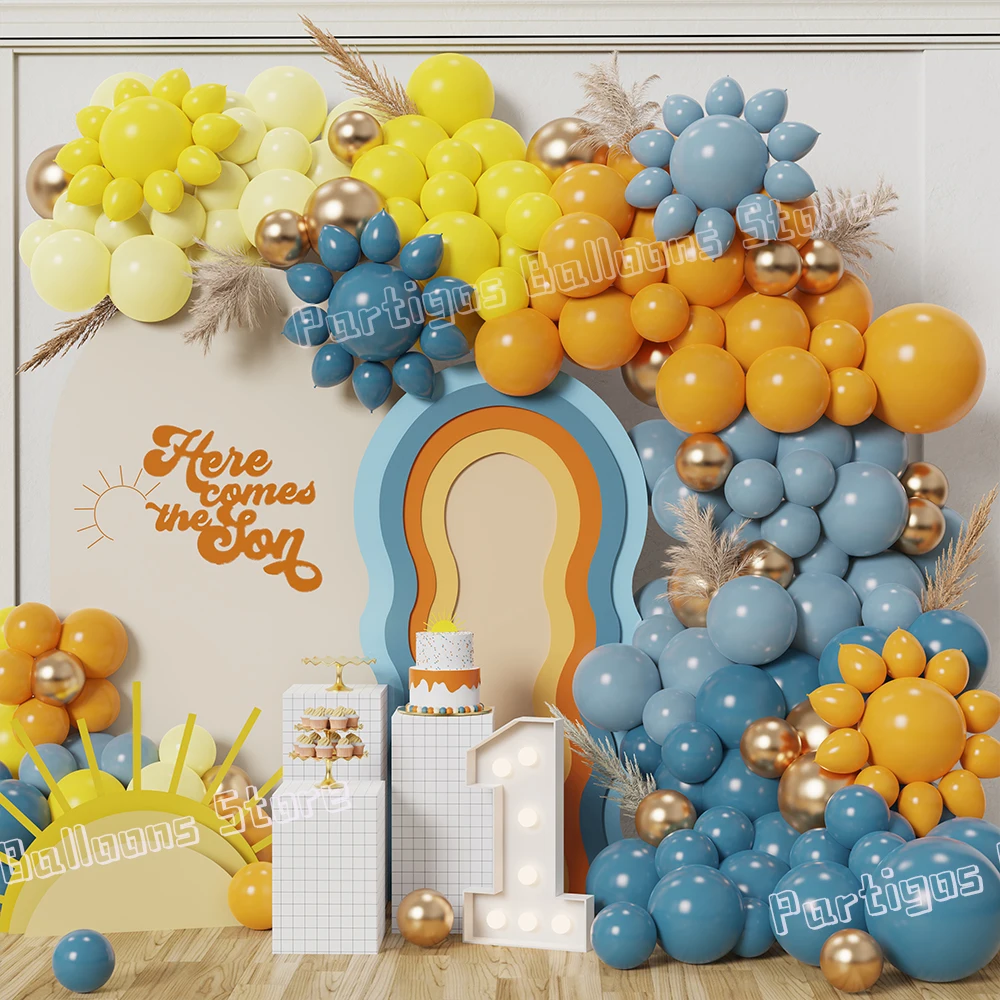 

142/151Pcs Balloon Kit Sea Blue Orange Mustard Yellow Balloon Garland Here Comes the Son Birthday Party Baby Shower Decor Globos