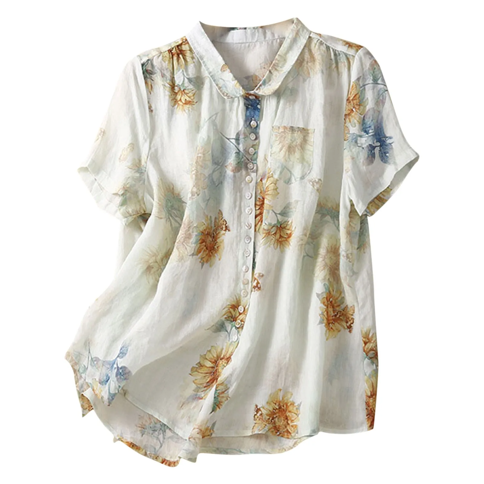 Vintage Floral Print Short Sleeve Button Up Breathable Cotton Linen Shirt Oversize Denim Shirt for Women