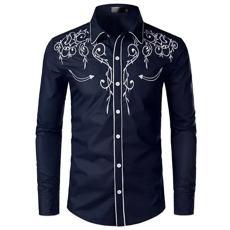 2025 Western Style Handmade Embroidered Shirt American Retro Shirt Men's Fashionable Embroidered Shirt Breathable Top S-2XL
