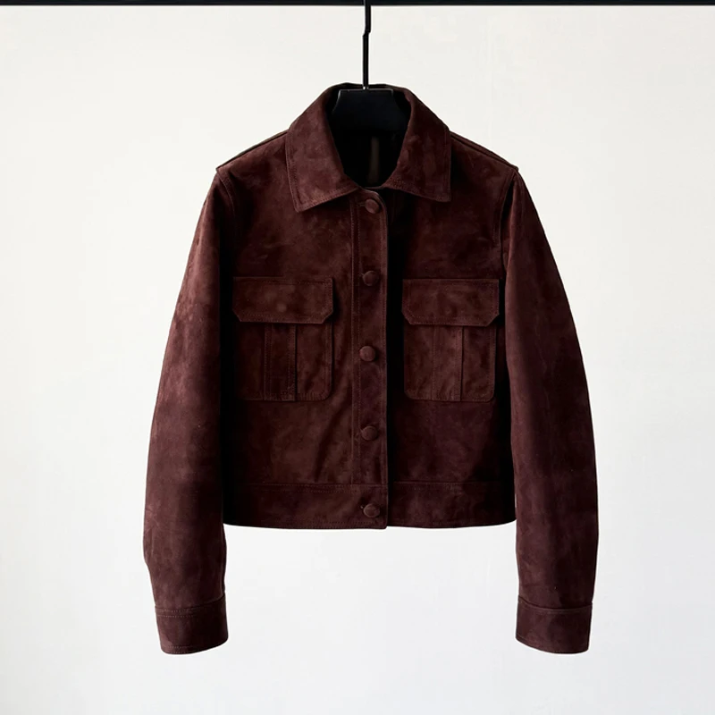 Giacca da donna in vera pelle di capra importata Giacca casual corta in pelle scamosciata monopetto femminile retrò marrone/caffè Cappotti di pelle di pecora Top