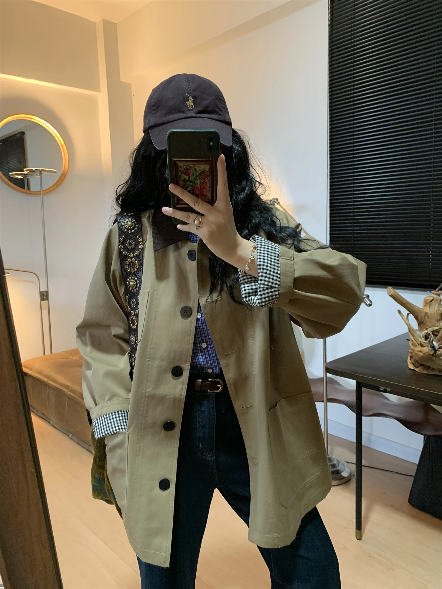 

QinEition Barn Wind Color Blo Amber Glow Outerwear Women's Loose Mid-Length Hunting Coat Autumn Season Commute Sle Cotton