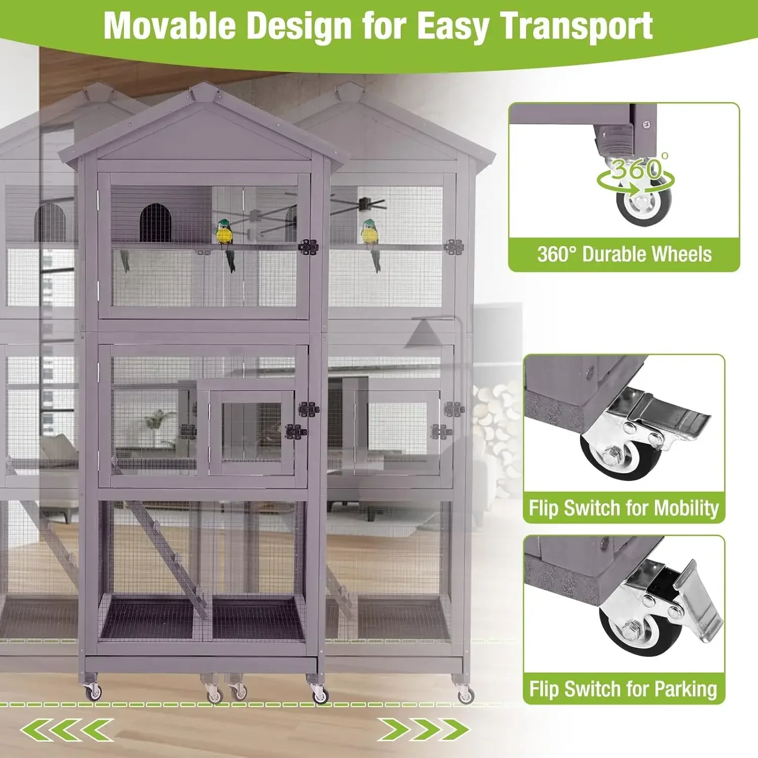Large Bird Cage Outdoor Wooden Aviary Indoor on Wheels, with Play Stand, Perches, Nest Habitat & Wire Mesh Tray for Easy Cleanin