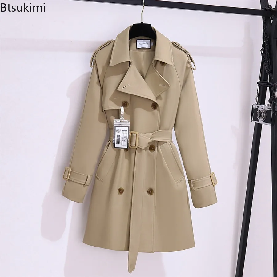 Women British Style Windbreaker Streetwear 2025 New Spring Autumn Solid Double Breasted Long Trench Coats Elegant Casual Jackets