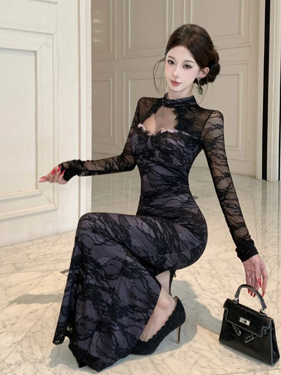 

Сексуальное кружевное облегающее платье-боди с длинным рукавом, уникальное, из коллекции Winter, с высокой талией, из смесового хлопка, для дома, учебы, свиданий и повседневного использования