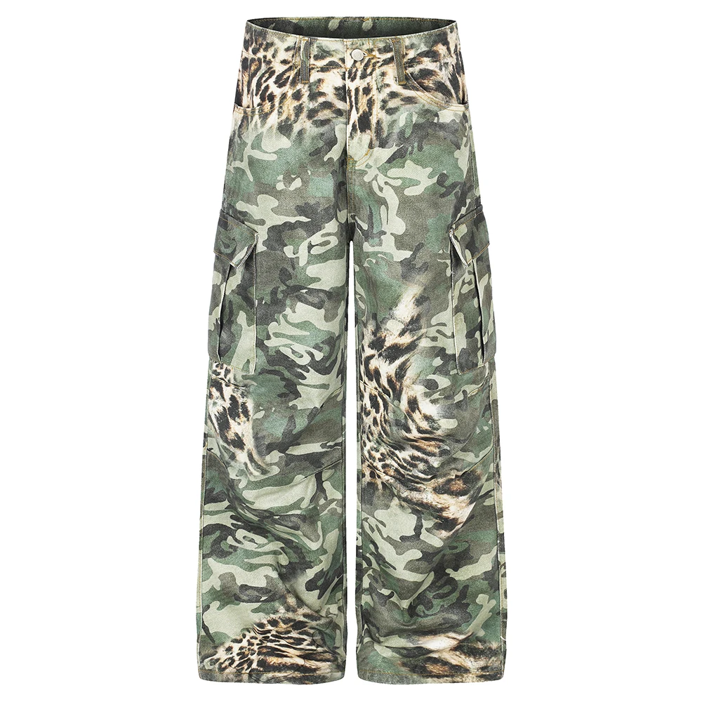 Men's Camo Print Jeans Streetwear Camouflage Leopard Denim Pants Multi-Pocket Cargo Loose Baggy Wide Leg Trousers