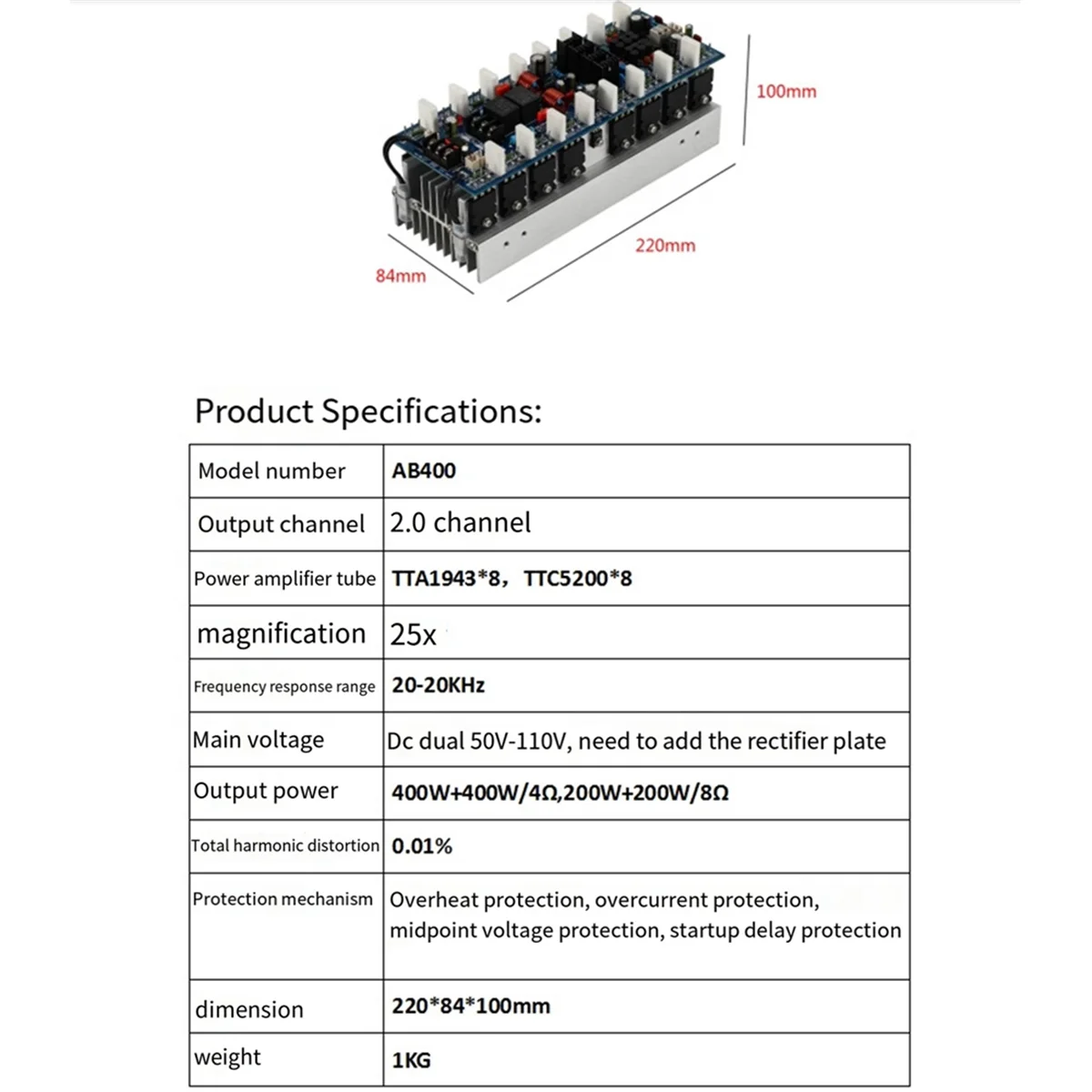 AB400 Dual Channel Amplifier Board 400W X2, TA1943/TTC5200 2.0 High Hifi Power Amplifier for Passive Speaker&A78P