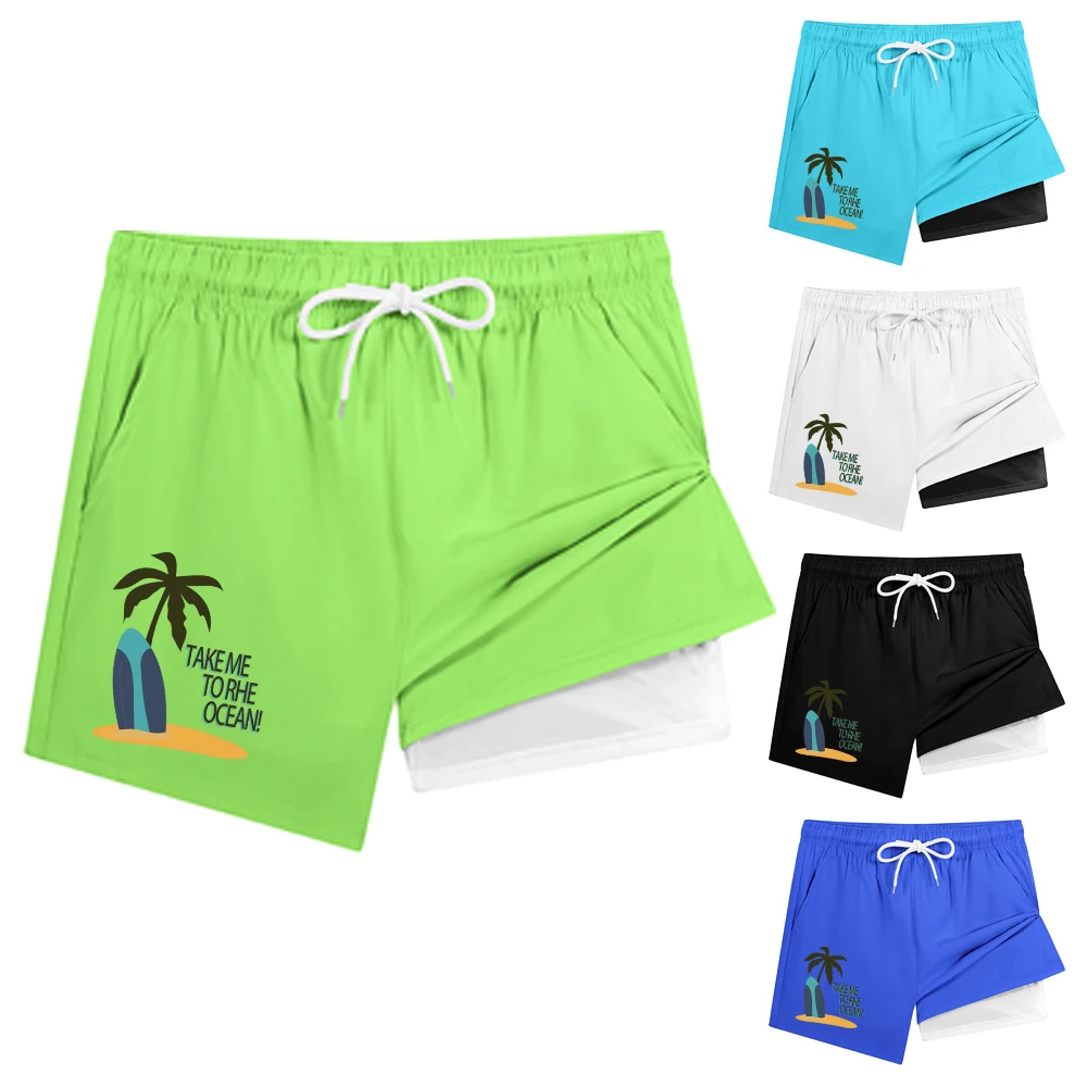 

Men's Quick Dry Double Layer Swim Trunks with Brief Liner & Pockets Elastic Waist Beach Shorts "Take Me to the Ocean!" Print