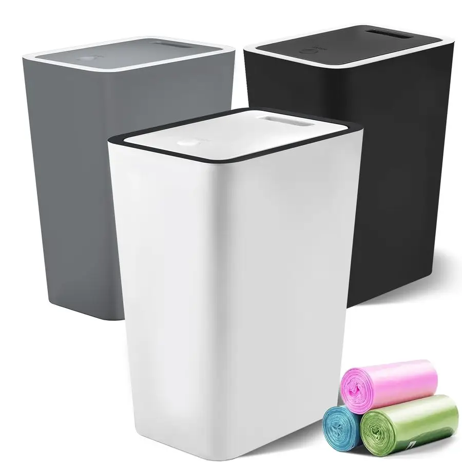 

Small Trash Can, 3 Pack 4 Gallons Bathroom Garbage Can with Lid PressTop, Small Waste Basket with Trash Bags, Slim Plastic Garba