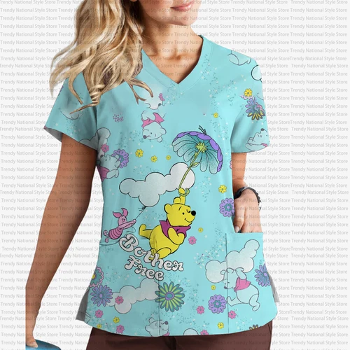 Novedad de verano, Top exfoliante con estampado de dibujos animados de Winnie the Pooh de Disney, ropa de trabajo con bolsillo para mujer, camiseta de salón de belleza Dental dulce