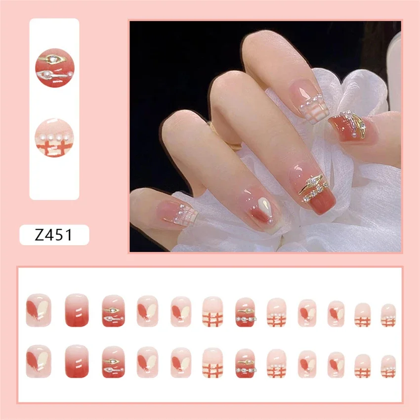 

24Pcs/Se Ice Transparent Pink Short Wearing False Nails Sweet Cool Chain Drill Models Sticky Press on Nail Gentle Fake Nail Tips